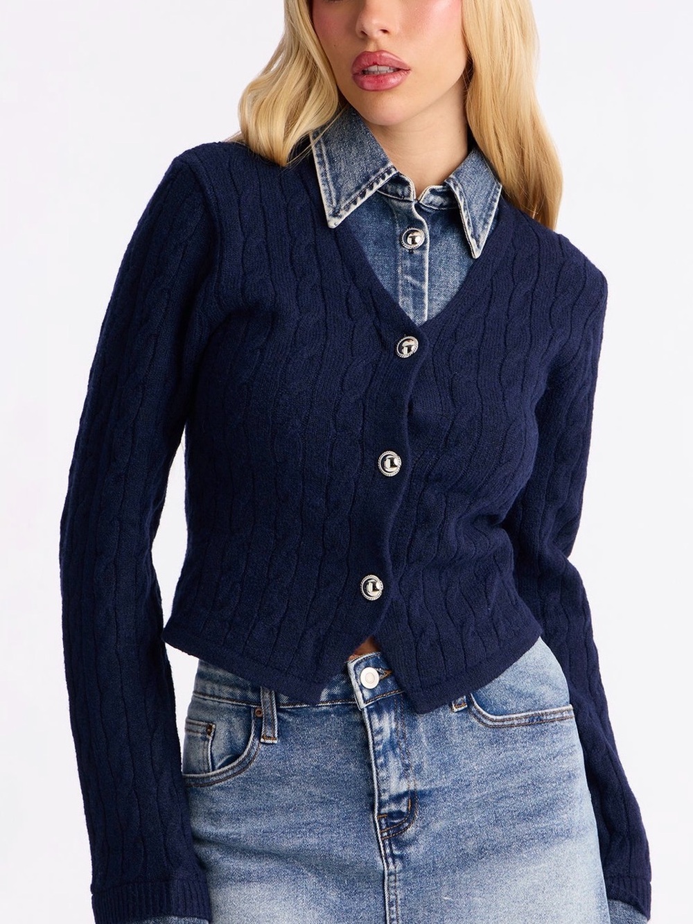 Fashion Nova Navy Cable-Knit V-Neck Button Cardigan